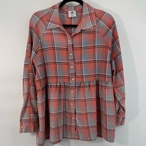 Like Love Cottage Oversize Peplum Preppy Button Plaid Top Women's Size Large